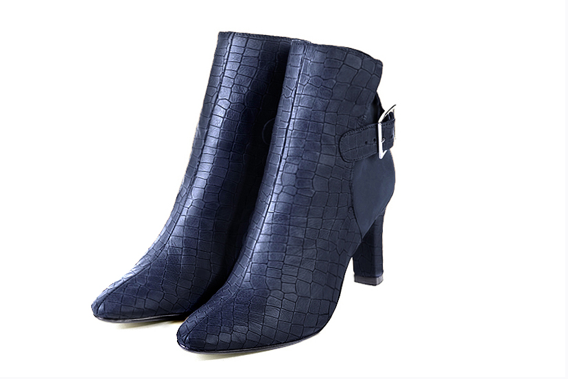Navy blue women's ankle boots with buckles at the back. Round toe. High kitten heels. Front view - Florence KOOIJMAN